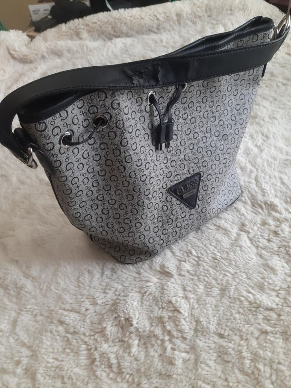 Guess Monogram Bucket Bag Monogram Shoulder Tote Grey Black Drawstring GG628429